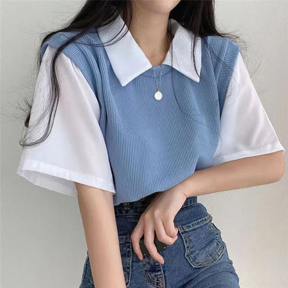 Vintage Style Turn Down Collar Fake Two Piece Loose Fit Student Shirt