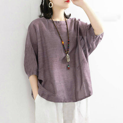 Casual Loose Fit 3/4 Sleeve Solid Color Pullover Top for Women