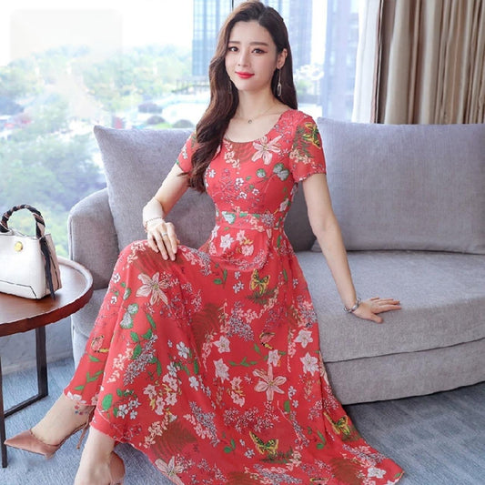 Short Sleeve Floral Style A Line Round Neck Dress for Women