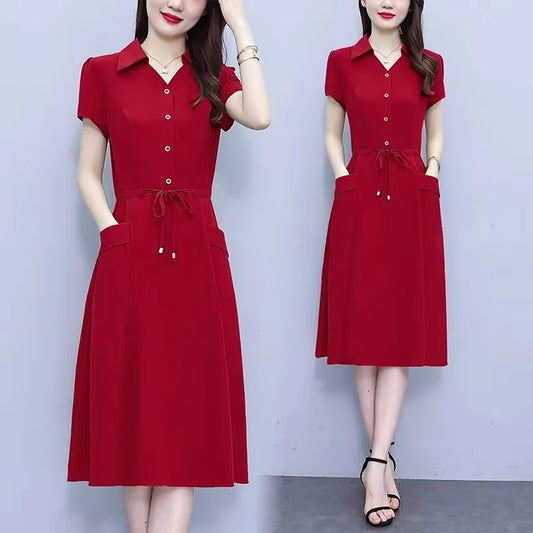 Korean Fashion A line Style Solid Color Adjustable Waist Casual Mid-Length Dress