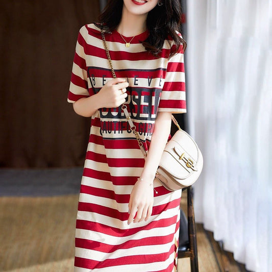 Round Neck Knee Length Striped Pattern Maxi Dress for Women