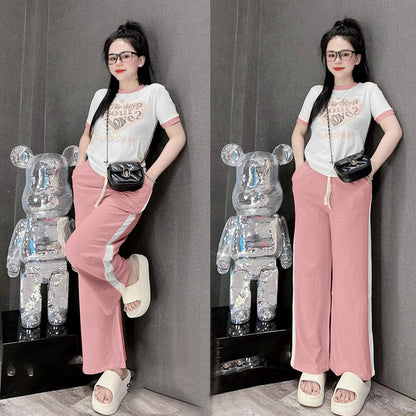 Heart Printed Fashion Short Sleeve T- Shirt & Wide Leg Pant for Women