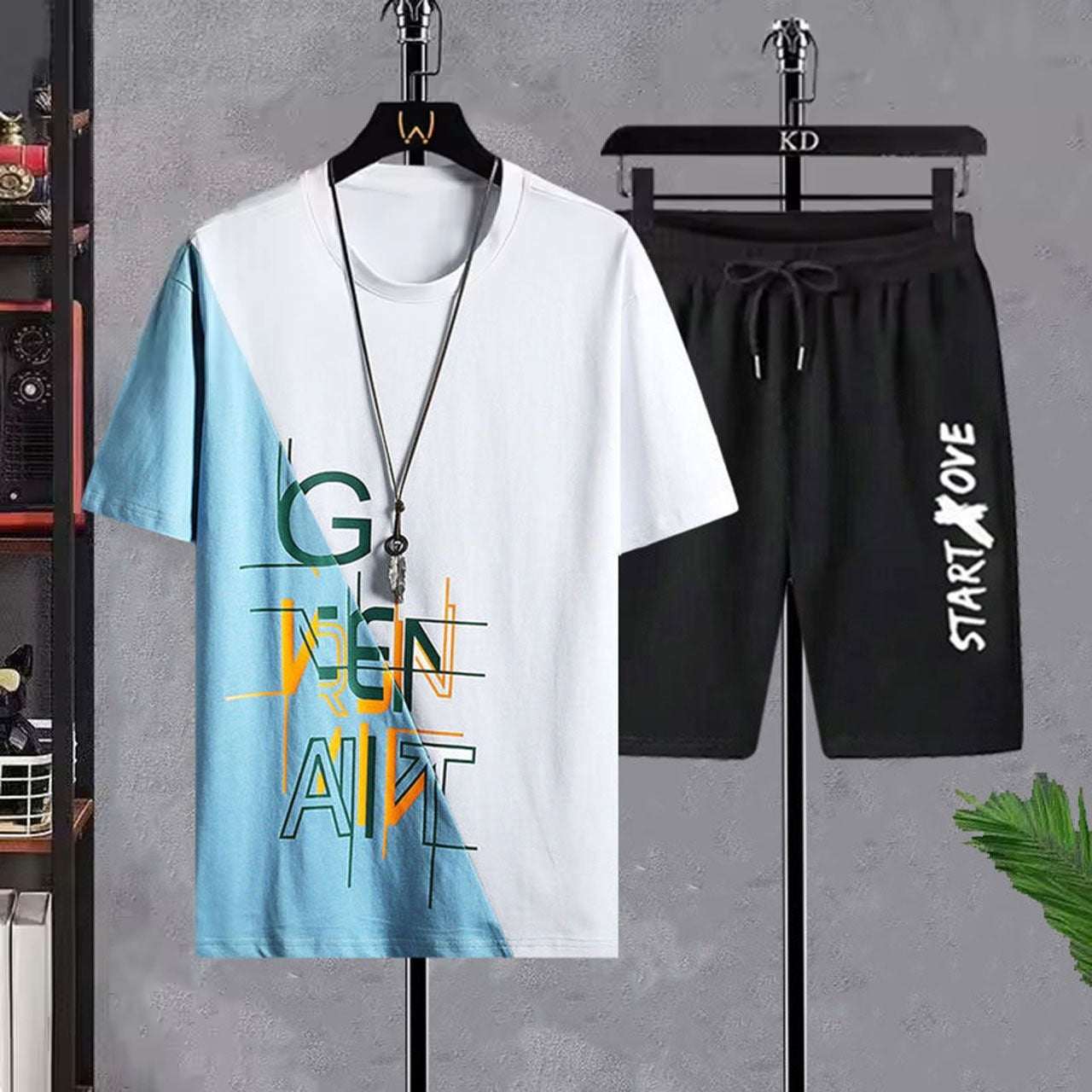 Graphic Text Printed Short Sleeve T-Shirt & Shorts for Men