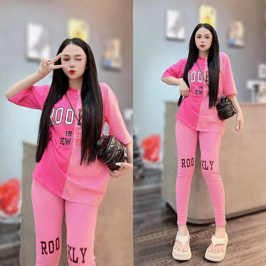 Text Printed Dual Color T-shirt & Slim Fit Pant for Women