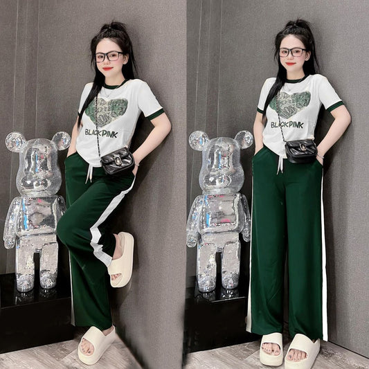 Heart Printed Fashion Short Sleeve T- Shirt & Wide Leg Pant for Women