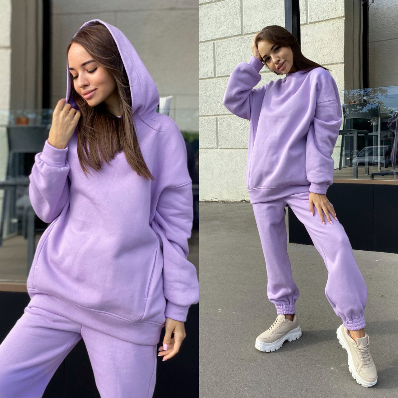 Solid Color Fashion Hooded Loose Fit Tracksuit &amp; Pant for women