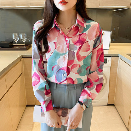 Latest Layer Print Pattern Casual Silk Blouse Shirt for Girls