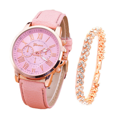 Roman Dial Style Solid Strap Wrist Watch & Bracelet for Women