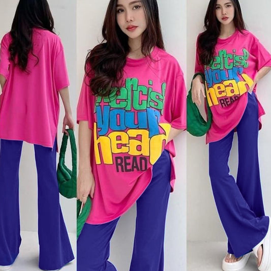 Text Printed Oversized Style T- Shirt Wide Leg Pant for Women