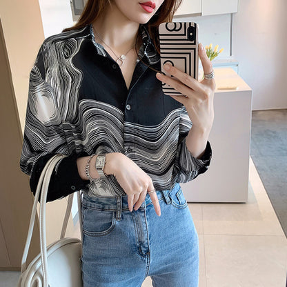 Ink Painting Abstract Style Loose Fit Long Sleeve Shirt for Women