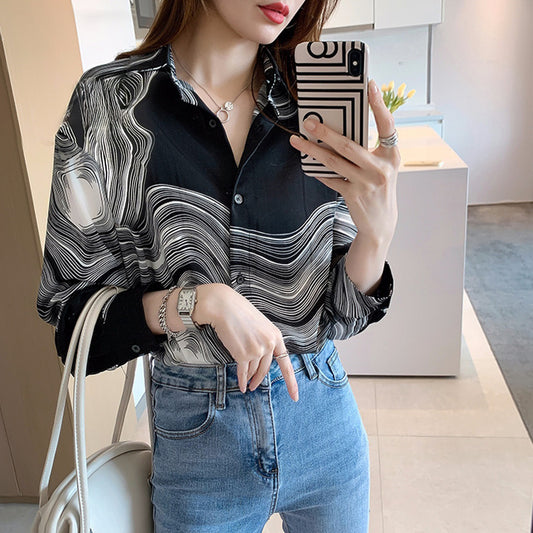 Ink Painting Abstract Style Loose Fit Long Sleeve Shirt for Women