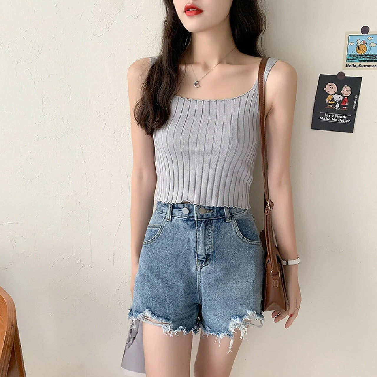 Solid Color Square Neck Sleeveless Crop Top for Women