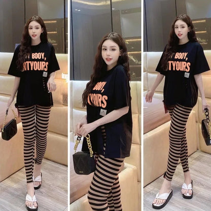 Printed Fashion Top Wear T Shirt & Striped Pants for Women