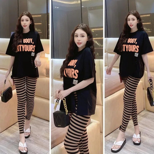 Printed Fashion Top Wear T Shirt & Striped Pants for Women