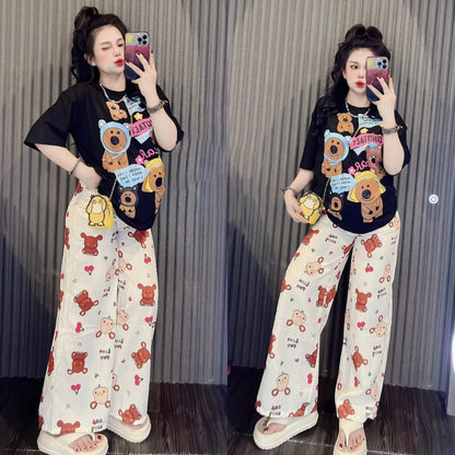 Printed Fashion Short Sleeve T-shirt & Wide Leg Pant for Women