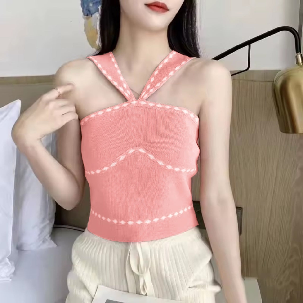 Off Shoulder Knitted Fashion Cross Camis Top for Women