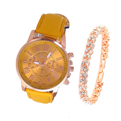 Roman Dial Style Solid Strap Wrist Watch & Bracelet for Women